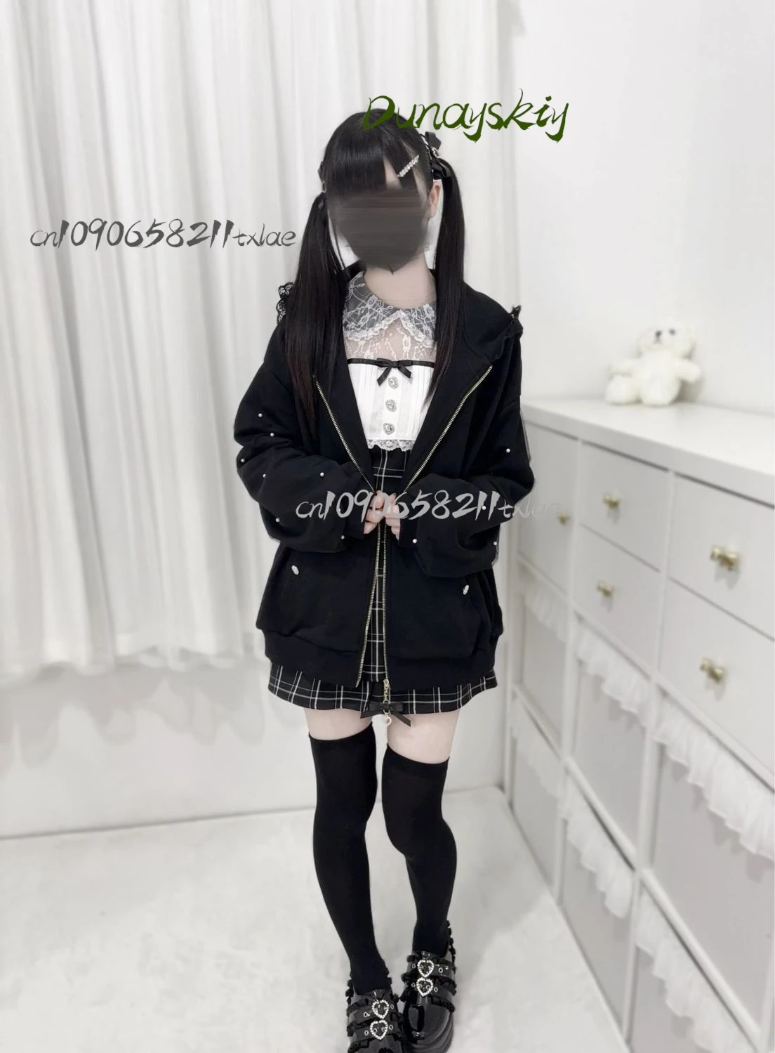 Bunny Hoodie Hoodies Y2K Rabbit Ear Hoodie Lolita Jacket Bow Girls Pearl JK Japan Lace Kawaii Zipper Cardigan Long Sleeved Top