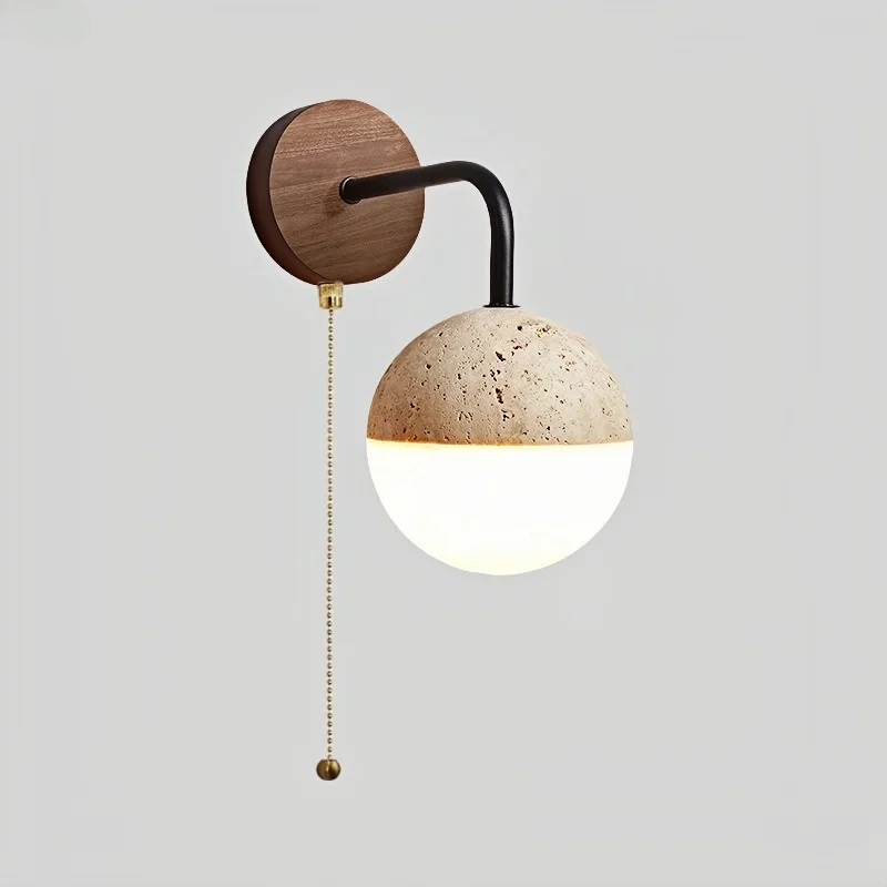 Yellow Travertine LED Wall Lights Coffee Bedroom Bedside Lamp Pull Chain Iron Nordic Modern White 3D Printing Stair Light