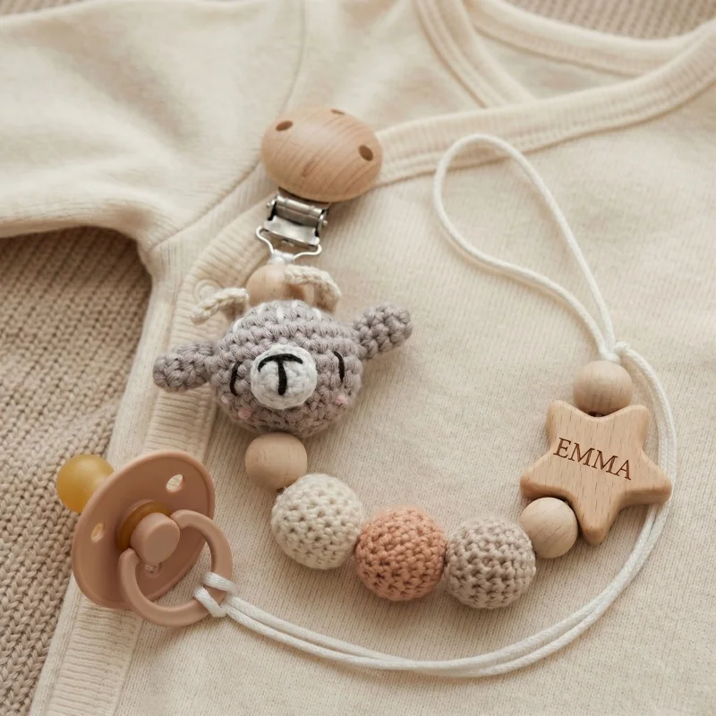 Personalized Baby Pacifier Clip Crochet Bear Wooden Star Teether Holder Custom Name Baby Shower Gift BPA Free Handmade Chain image 3