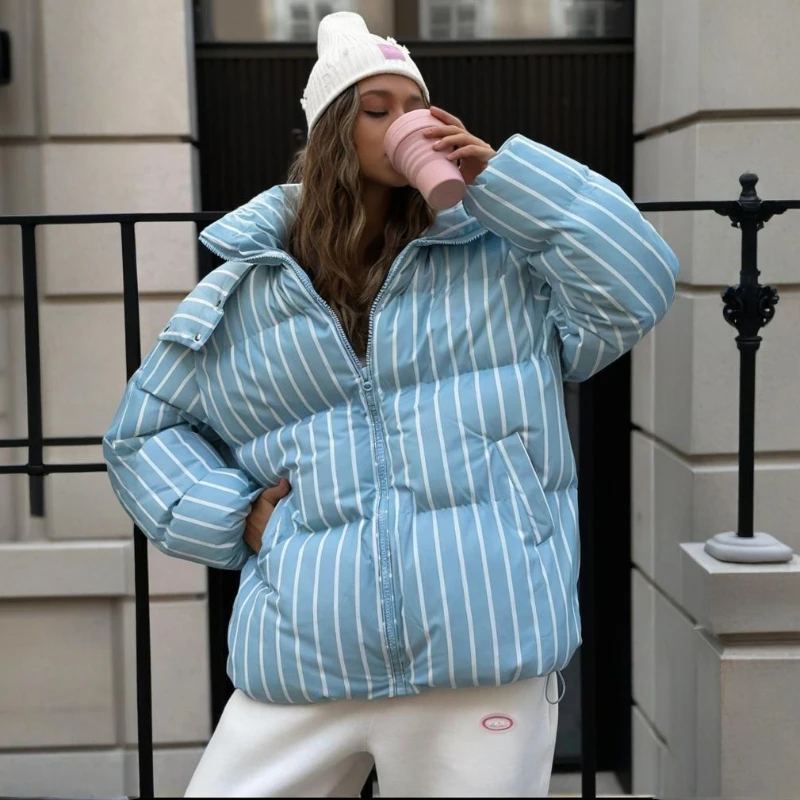 

TARUXY Striped Hooded Cotton-Padded Coat Women Long-Sleeved Zippered Pocket Loose Fashion Stylish Warm Jacket Female Winter New