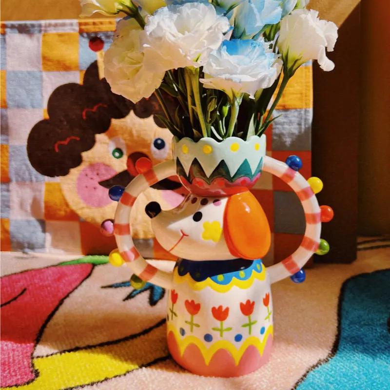 Childlike hand-painted puppy ceramic vase,cartoon ceramic flower arrangement container,living room foyer desktop decoration vase