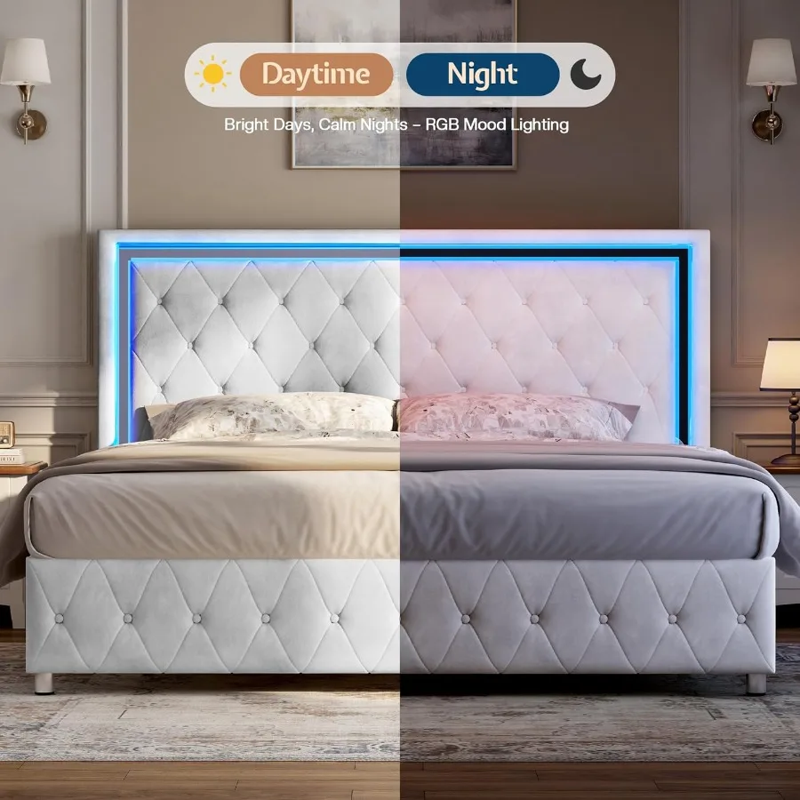 إطار سرير كوين مع أضواء LED، لوح أمامي، لوح قدم مخملي منجد بحجم كوين، إطار سرير بدون صندوق زنبركي، أبيض