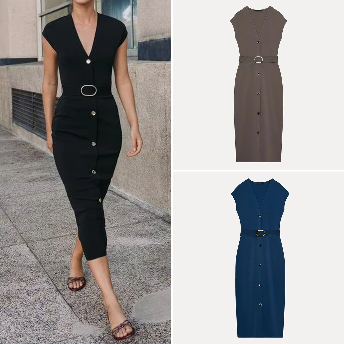 Ele Midi Dr mit Gürtel, hochelastisch, für Damen, Faion, Frühling, Herbst, 2025, Z Svel, schmale Passform, V-Ne Dr