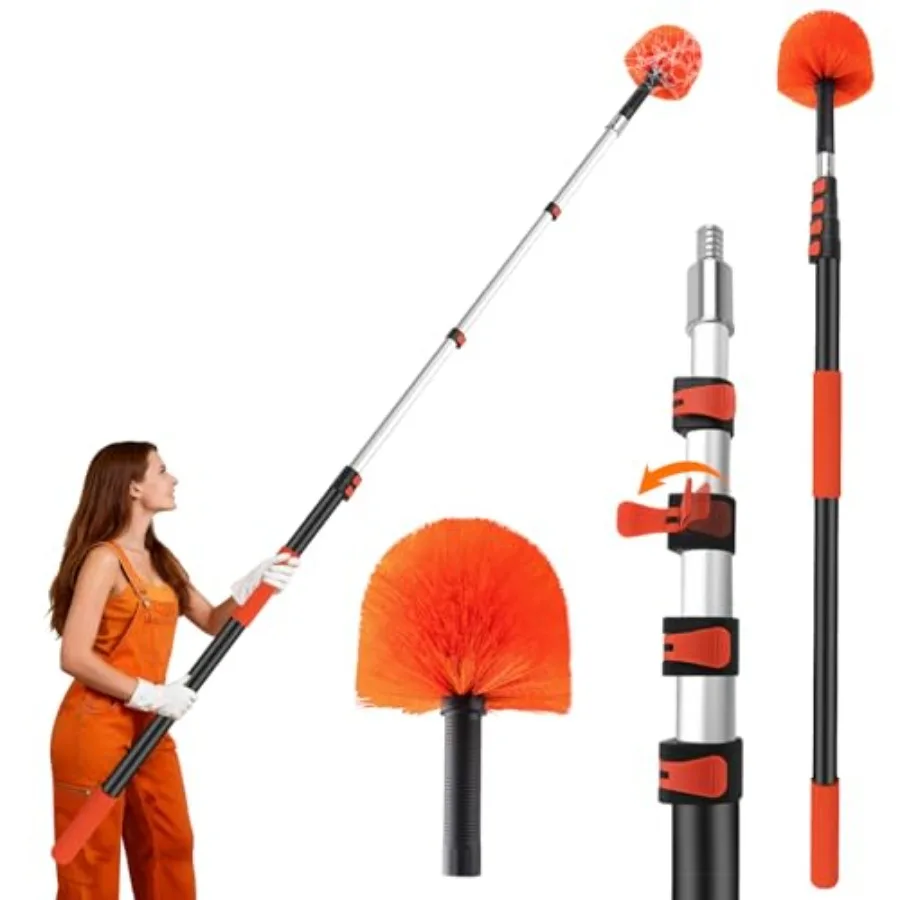 

26 Reach Cobweb Duster with Extension Pole - Spider Web Brush with 5- Telescopic Aluminum Pole Washable and Reusable Soft Brist