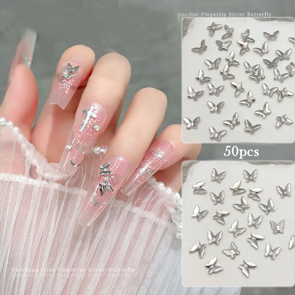 50 stücke silbrigen Mini Schmetterling Nail Art Charme 3d Legierung kleinen Schmetterling Diamant Nagel Dekoration DIY Licht Luxus Nagel Zubehör