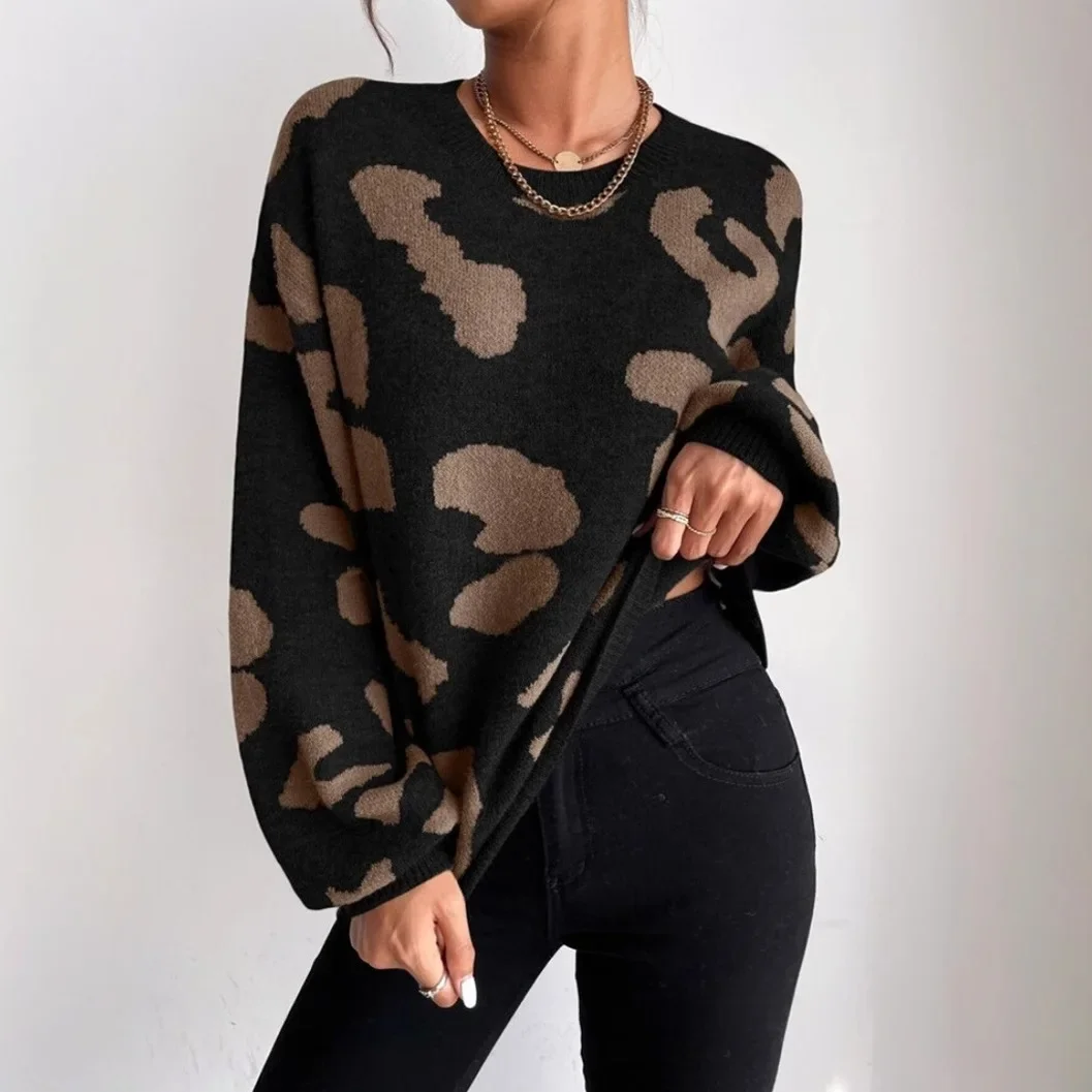 

Leopard Print Sweater Women's Crewneck Oversized Pullover Fall Winter Versatile Knit Top Casual Chic Blouse