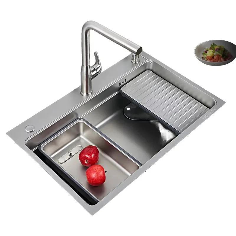 

Embossed Stainless Steel Nano Kitchen Sink Big Single Bowl with Faucet and Steps 304 Material