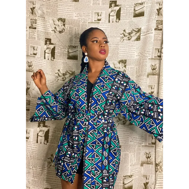 

African Printing Dress Women's Fashion Kimono Cardigan Coat Dashiki Geometric Belt Dress Plus Size Retro African Christmas Robe