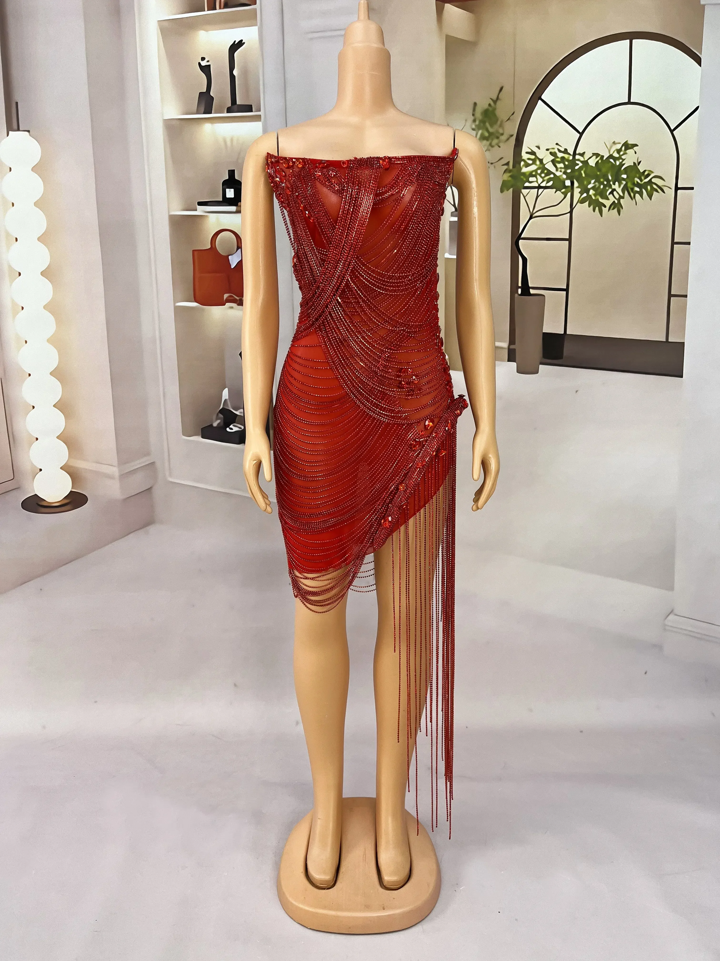 Luxury Hot Red Handmade Sparkly Crystal chains Rhinestones Tube Dress Women Party Show Outfit Singer Perform Costume Liehu