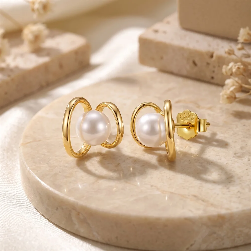 ORSA JEWELS 925 Sterling Silver Double Loop Shell Pearl Stud Earrings for Women Lustrous Shell Pearl Modern Fine Jewelry PSE16