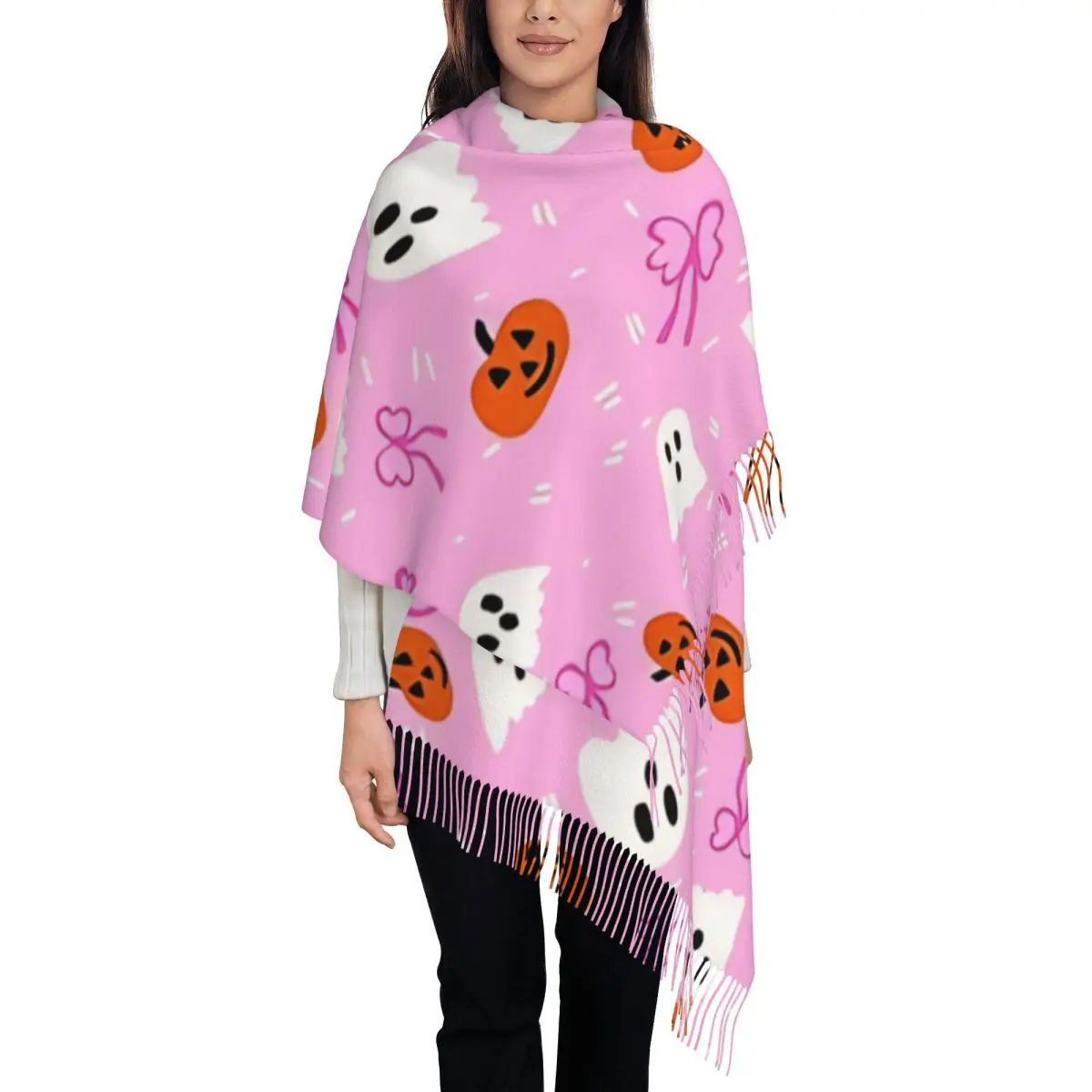 Halloween Spirit Pink Scarf for Womens Winter Warm Cashmere Shawls and Wrap Pink Ghost Single-sided Pattern Scarves with Tassel