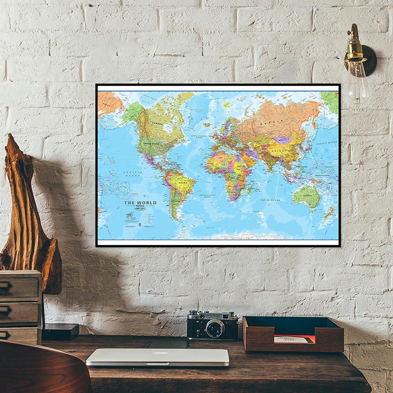 Peinture sur toile de la carte du monde avec détails, affiche d'art mural, image de face décorative, fournitures scolaires, salon, 75x50cm