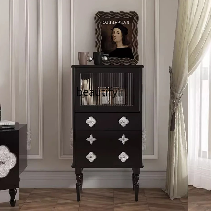 

French retro style solid wood chest, living room against the wall glass storage cabinet, locker black