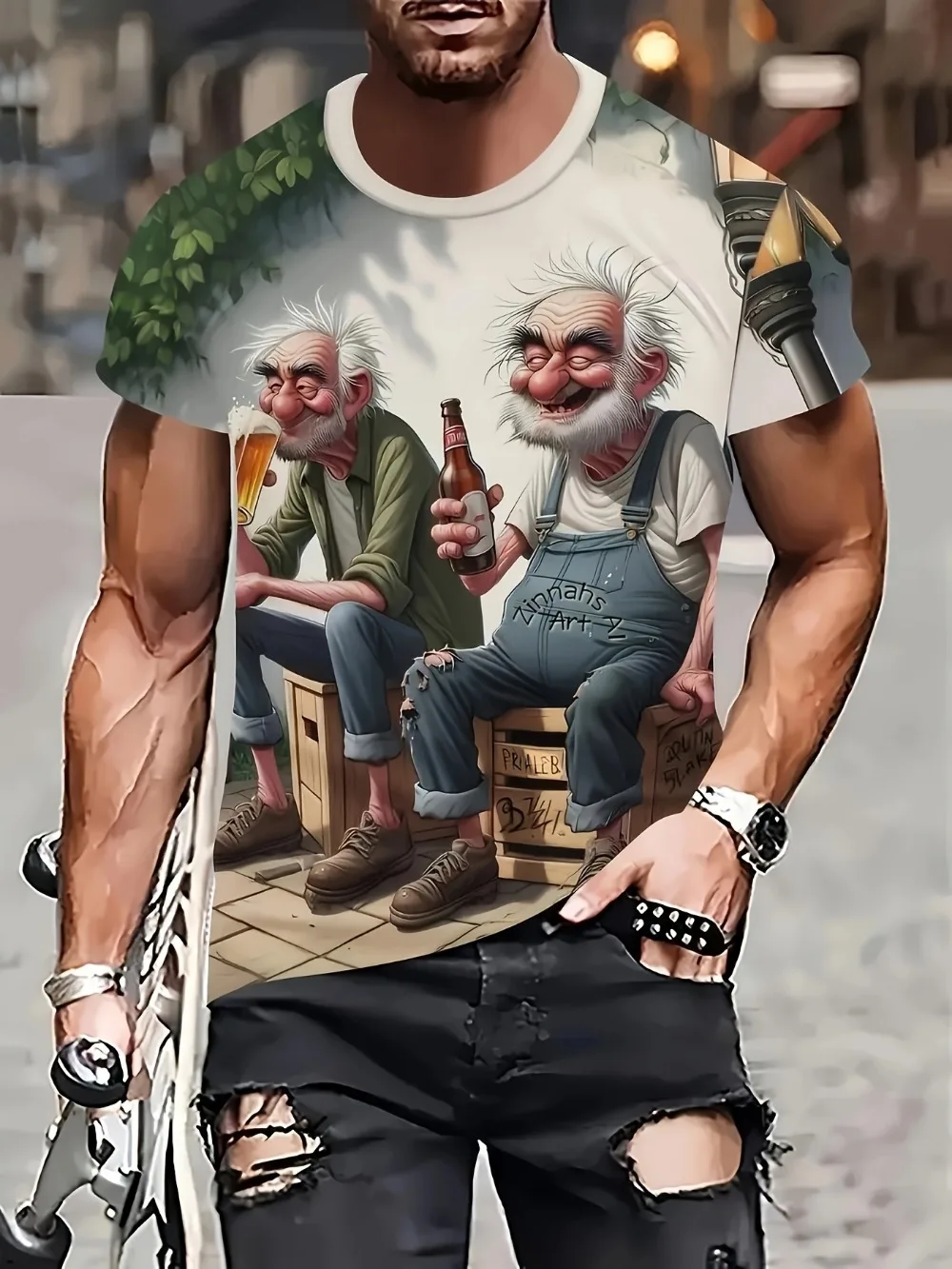 Two Elderly Men Beer Socializing Fun Design for Men 3D Printed T-shirt Outdoor Sports and Leisure Children's Short-sleeved Shirt