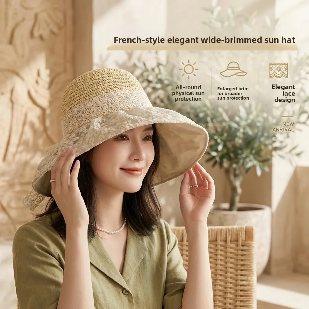 Women's Large Brim Hat Lace  Knot Straw Hat New Style Outdoor Travel Sun Protection Hat  And Natural Shade Hat