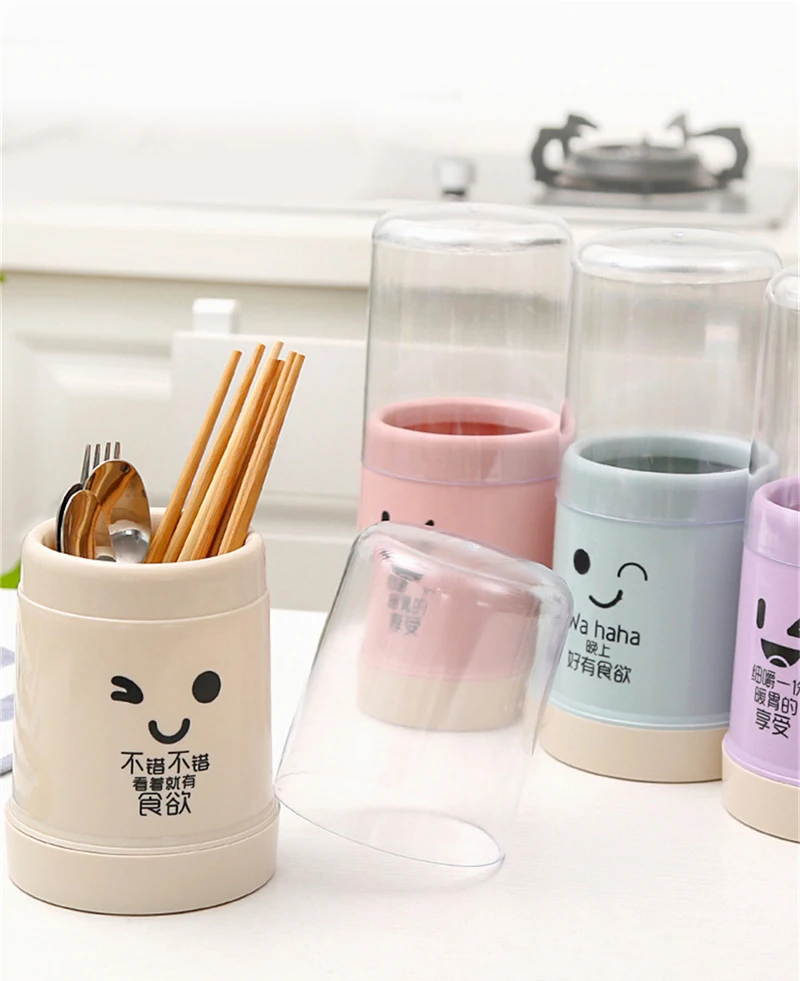 Dustproof Chopstick Holder Cylinder Detachable Cage Flatware Rack Spoon Fork Drying Plastic Drain Storage Box with Cover