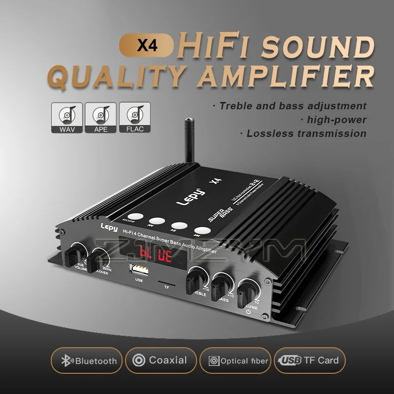 

4-канальный усилитель мощности 4x60 Вт с оптоволоконным коаксиальным входом Bluetooth 5,0 HIFI аудио усилитель двойной выход сабвуфера