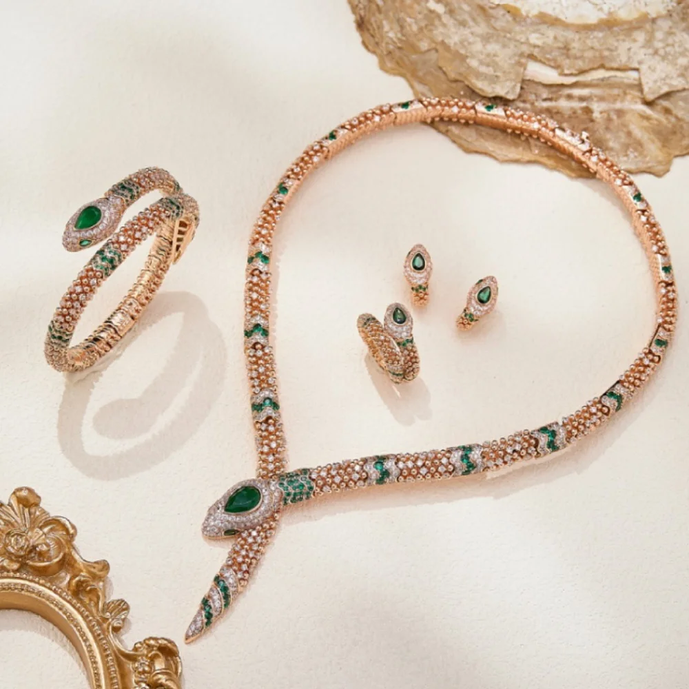 Vintage Style Women Lady Party 4Pcs Jewelry Sets Inlay Blue Green Cubic Zircon Snake Snakelike Necklace Bracelet Earrings Ring
