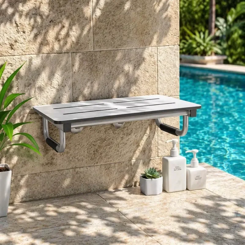 Foldable Shower Seat Wall Mounted 304 Stainless Steel Frame White Phenolic Resin Bath Stool for Elderly High Load Bearing