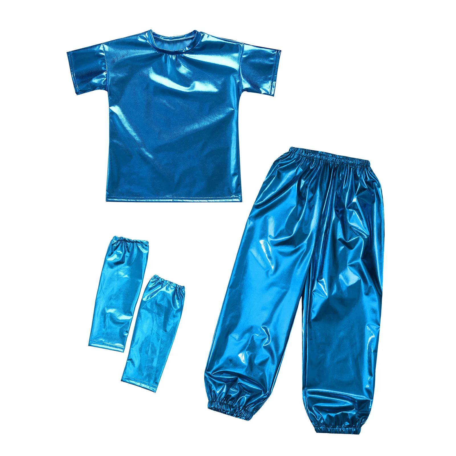 Set da ballo jazz unisex per bambini, ragazze, ragazzi, manica corta, girocollo, maglietta metallizzata lucida con pantaloni, guanti, costume da spettacolo per feste