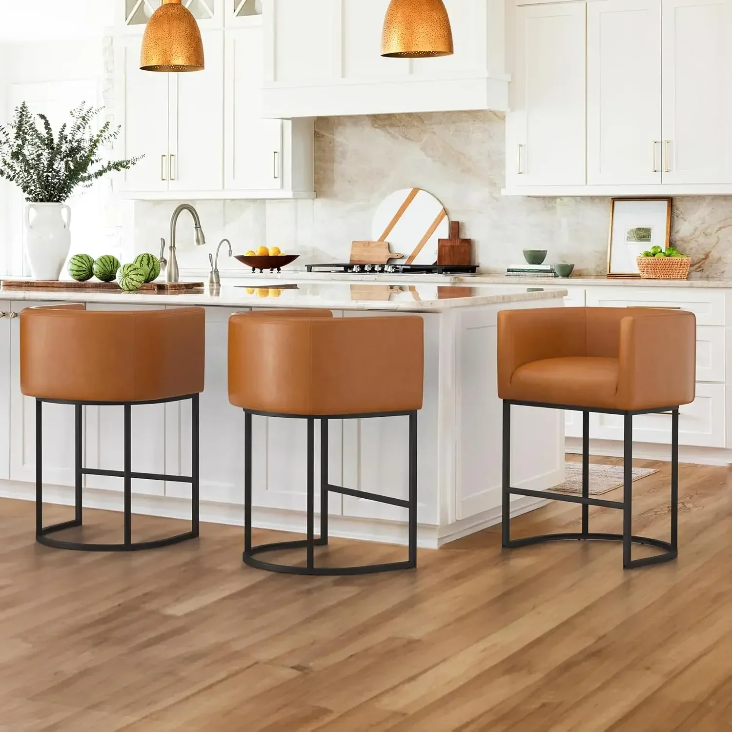 

27" H Counter Height Bar Stools Set of 3, Modern Barrel Counter Stools , Barstools for Kitchen Island,Yellowish Brown