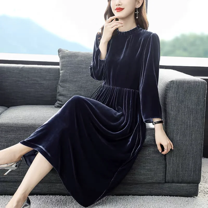 Neues Patchwork-Streetwear-Kleid mit Rüschenkragen, Samt-Handgelenk-Ärmel-Kleider 2022, Frühling, hohe Taille, Schnürung, Velours-Party, Vestidos