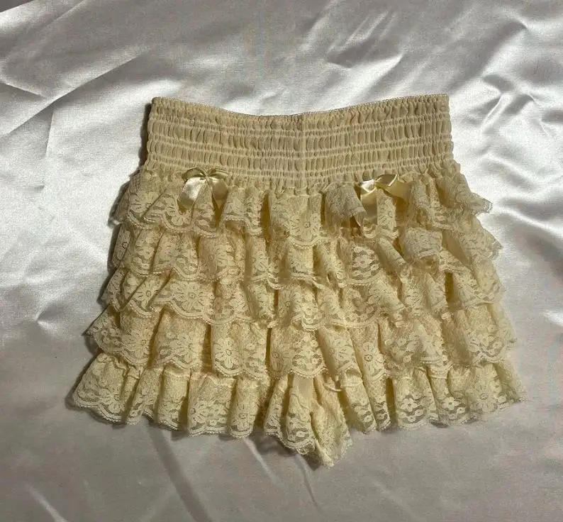 Women s Floral Lace Lingerie Shorts Elastic Waist Tiered Ruffled Bodycon Short Pants