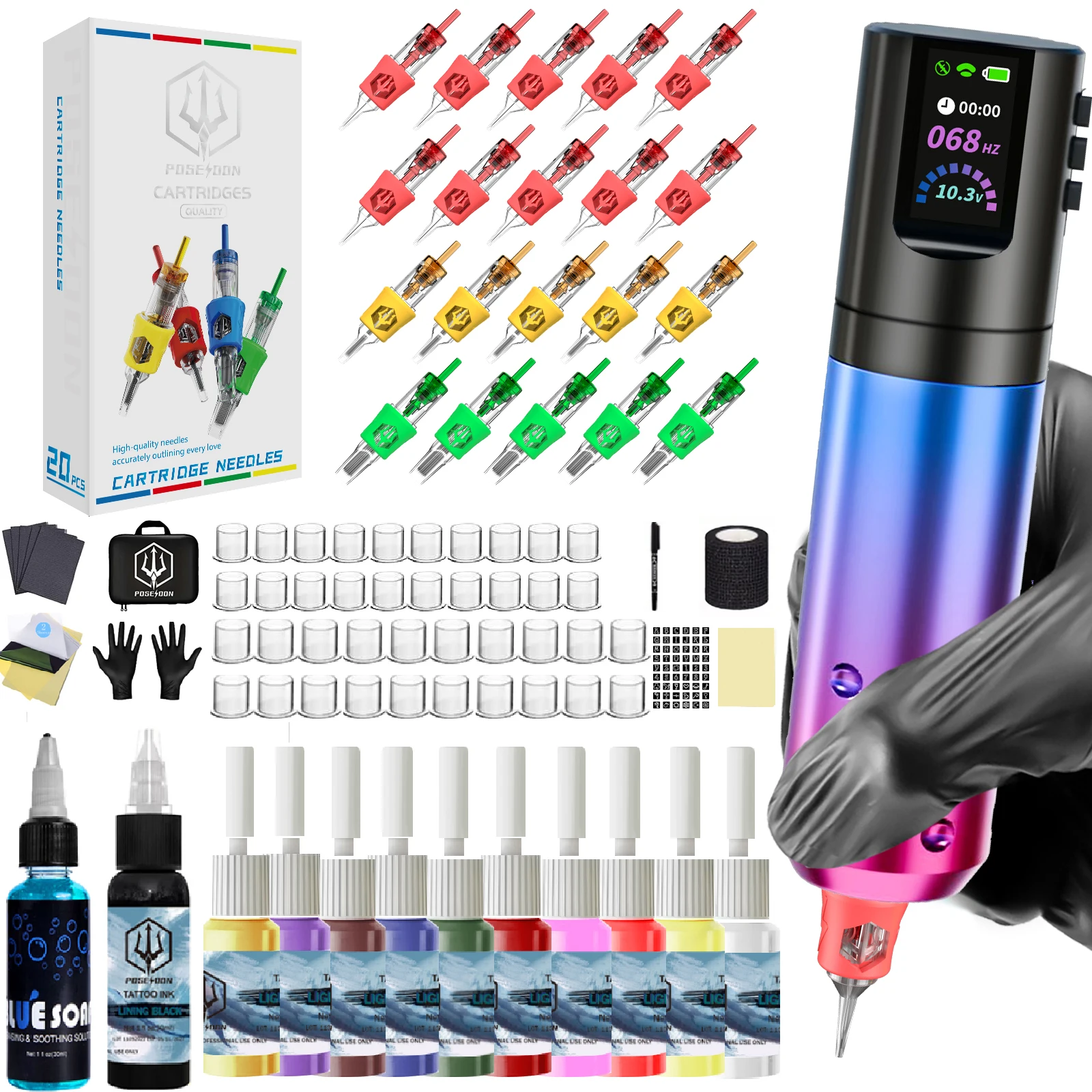 

Tattoo Kit POSEIDON High Power Tattoo Pen Kit For Permanent Makeup Tattoo Machine Kit Gradient Tattoo Power Supply Tattoo Gun Ki