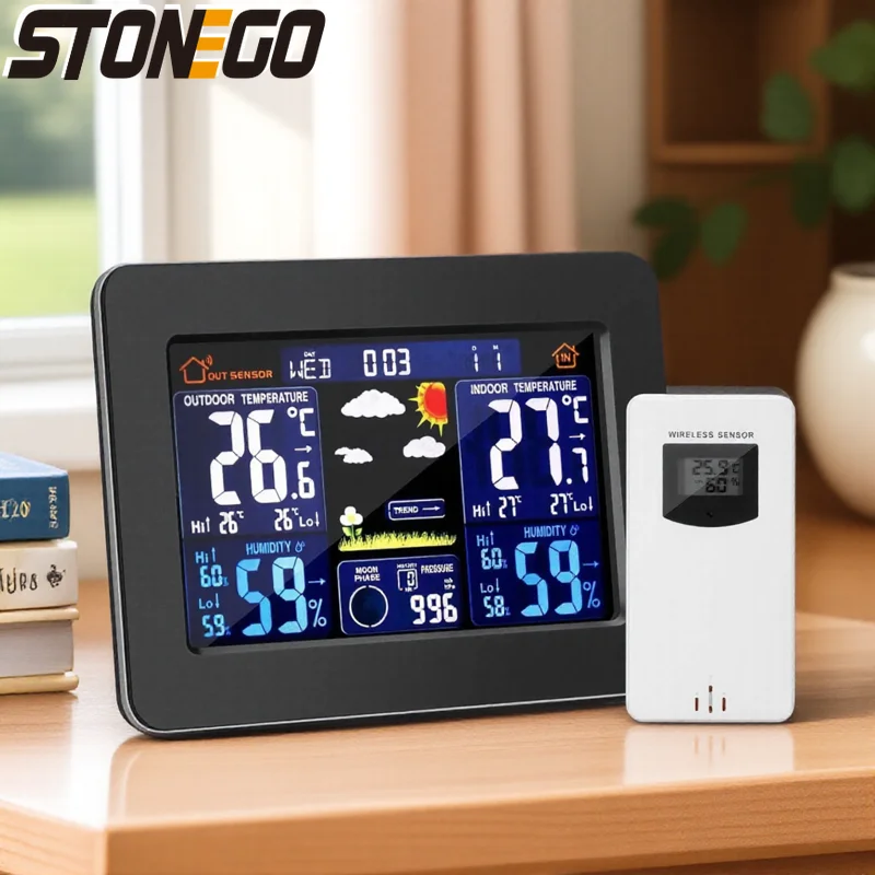 Digital Wireless Weather Station Color Display Forecast Clock with Outdoor Sensor Indoor Thermometer and Hygrometer