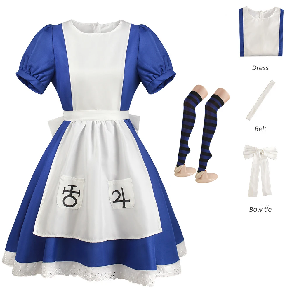 أنيمي لعبة أليس الجنون يعود تأثيري حلي المرأة قصيرة الأكمام فستان خادمة مع المئزر الجوارب هالوين كرنفال ملابس للحفلات
