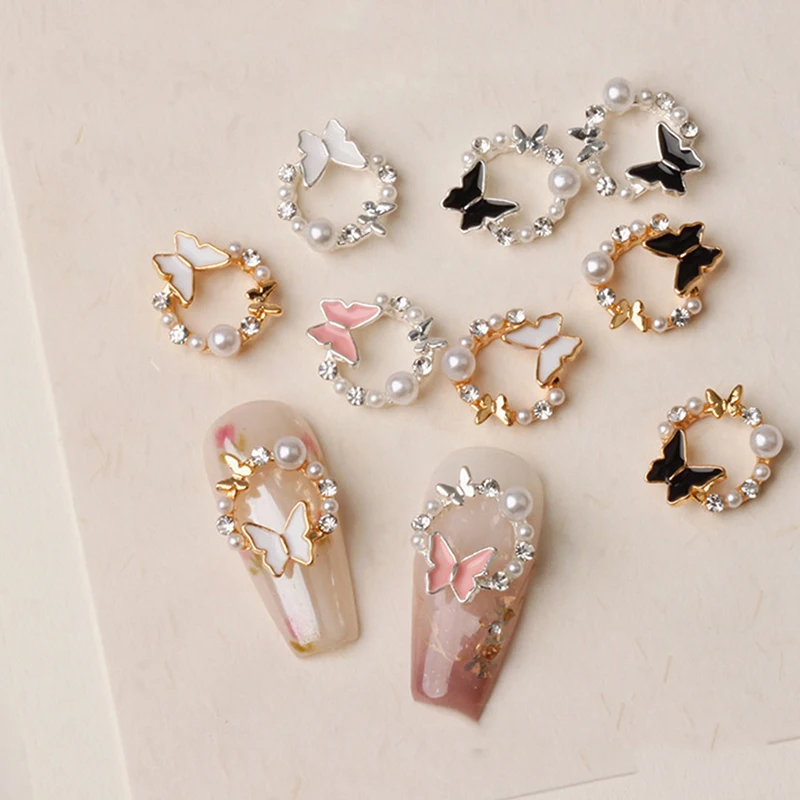 5PCS Butterfly Pearl Nail Oil Drop Alloy Jewelry Love Flower Wreath Nail Decoration Nail Salon DIY Accessories Manicure Drill