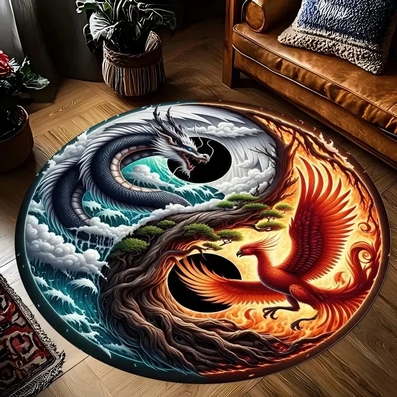 Yin Yang Dragon and Phoenix Printed Round Carpets for Home Living Room Rug Bedroom Decor Rug Non Slip Washable Flannel Floor Mat