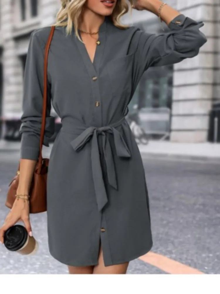

Vestidos Para Mujer Slimming Short Dresses V-Neck Single Button Belt Pocket Autumn Fashion Elegant Dress Women's Shirt Skirt