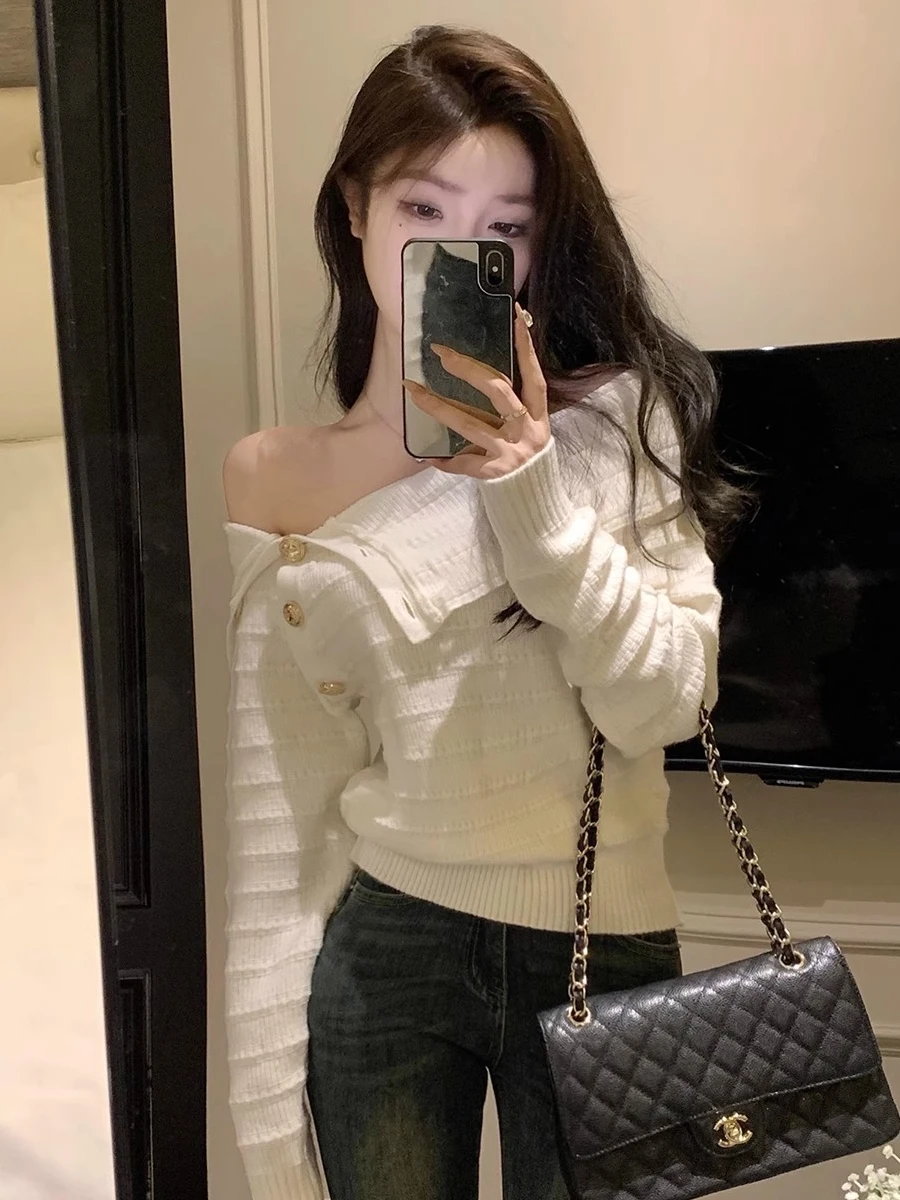 Elegant Gold Button Knitted Sweater Women's Autumn Winter Slim Fit Design Unique Shoulder Bared Outerwear Korean Style Regula...