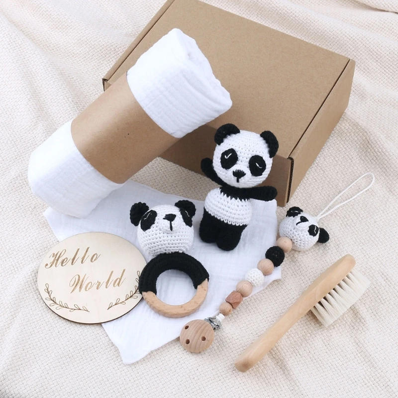 Panda Stuffed Animal Boneca para o bebê Brinquedos de pelúcia Chocalho de crochê Escova de cabelo Envoltório Swaddle Recém-nascido Caixa de presente do chuveiro do nascimento do bebê Kawaii 1 Conjunto