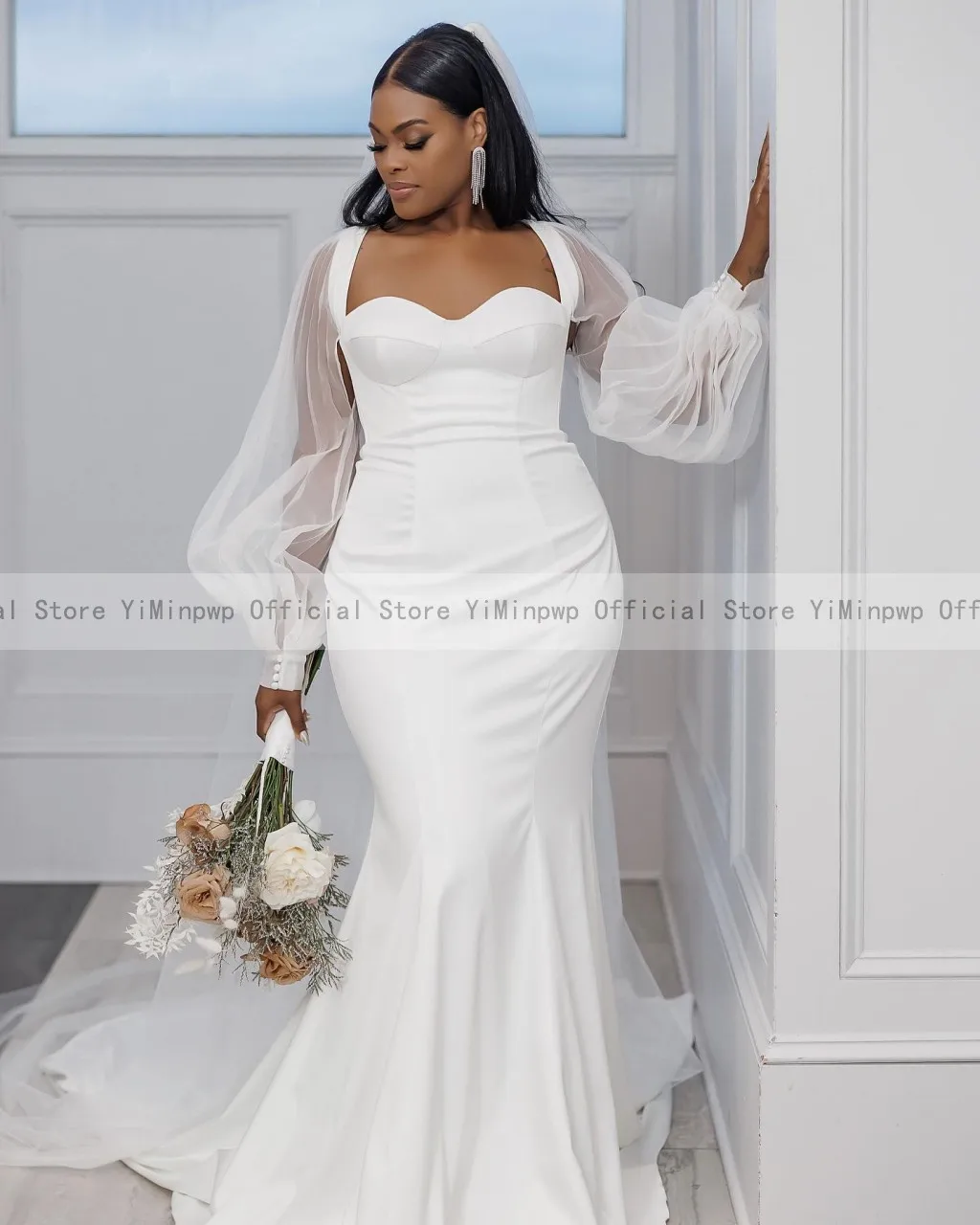 Vestidos de novia de sirena blancos simples para novia, dulce Corazón, manga larga, tren de barrido, vestidos de novia de Nigeria, vestido de recepción