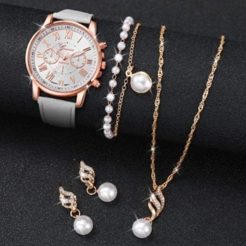 5 pezzi set orologio di lusso da donna anello collana orecchini perla strass orologio da polso femminile casual orologi da donna braccialetto (senza scatola)
