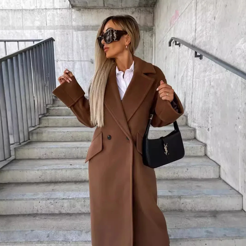 

Long Sleeved Suit Collar Double Breasted Woolen Jacket for Women