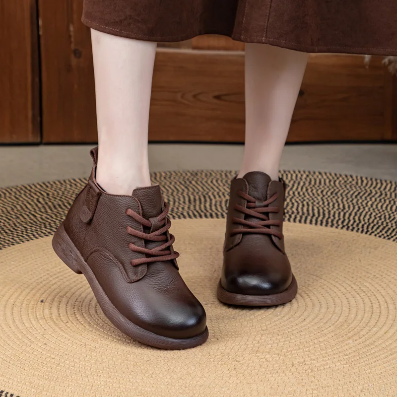 جديد جلد البقر الحقيقي الأحذية الجلدية النساء الفاخرة مقاوم للماء أكسفورد أحذية السيدات الدانتيل متابعة حذاء بوت بطول الكاحل أحذية كعب منخفض امرأة الجوارب القصيرة