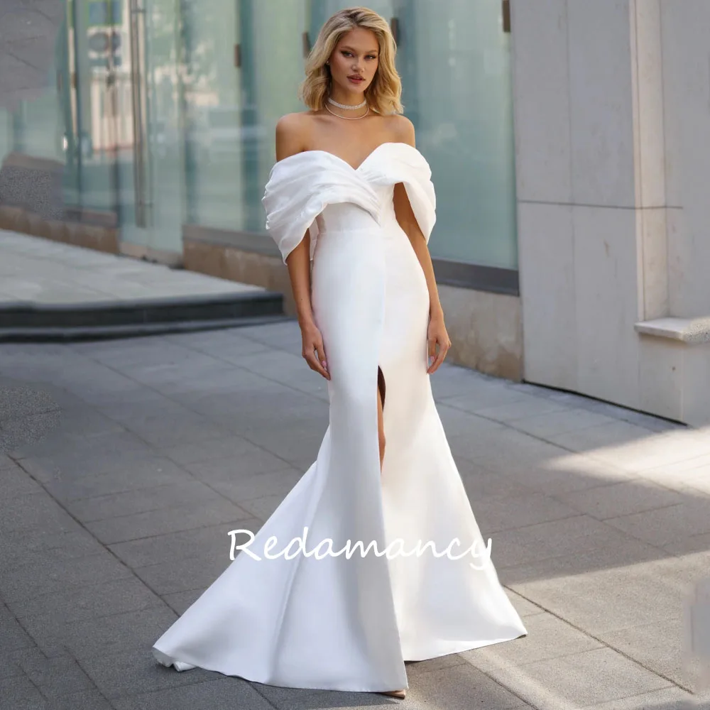 Redamancy Simple Off the Shoulder Satin Mermaid Wedding Dresses Side Split Short Sleeve vestidos de novia Bridal Gown 웨딩드레스