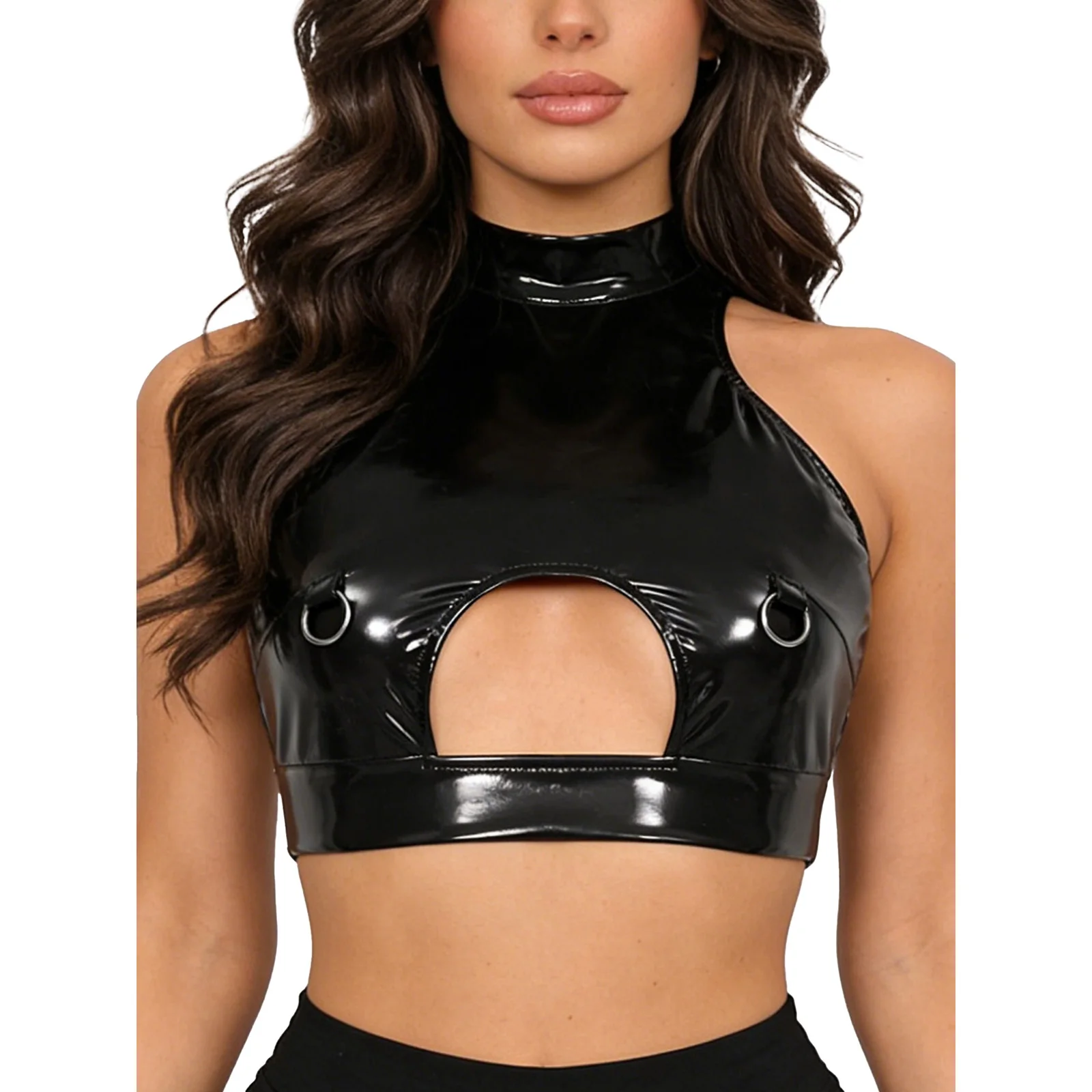 Damen Glänzendes PU-Crop-Top mit Vorderausschnitt und Metall-O-Ringen, Mock-Neck, Ärmellos, Rückenfreies Tanktop für Nachtclub-Partys