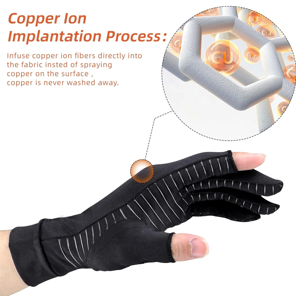 Compression Glove-Arthritis Gloves- 2 Open Fingerless Touch Screen Copper Gloves For Carpal Tunnel Relief,Swelling,Hand Pain