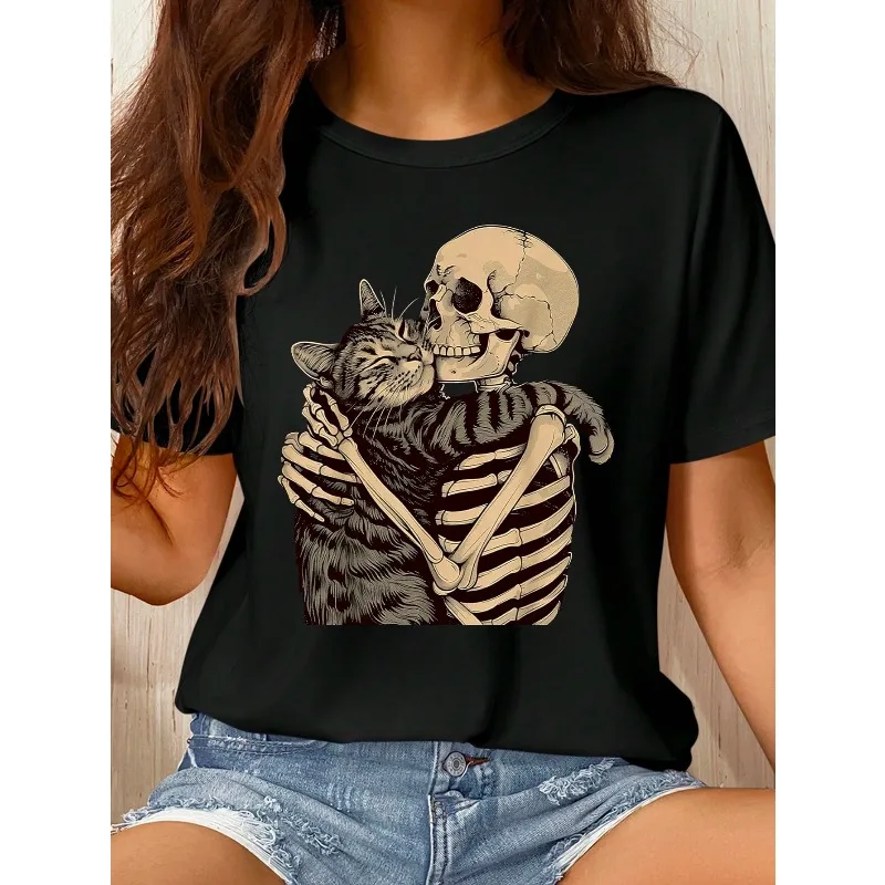 

SHEIN LUNE Halloween Skull & Cat Print Casual Comfortable Versatile Women Short Sleeve T-Shirt, Suitable for Home & Outdoor