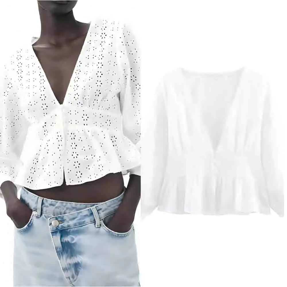 

Women's 2025 New Fashion short single breasted hollow embroidery shirt retro V-neck long sleeved women's shirt chic top