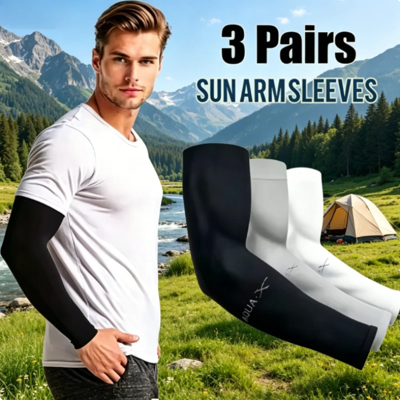 3 Pairs Ice Silk Arm Sleeves UV Sun Protection Breathable Unisex Arm Sleeves for Outdoor Riding Driving Fishing Hiking Sports