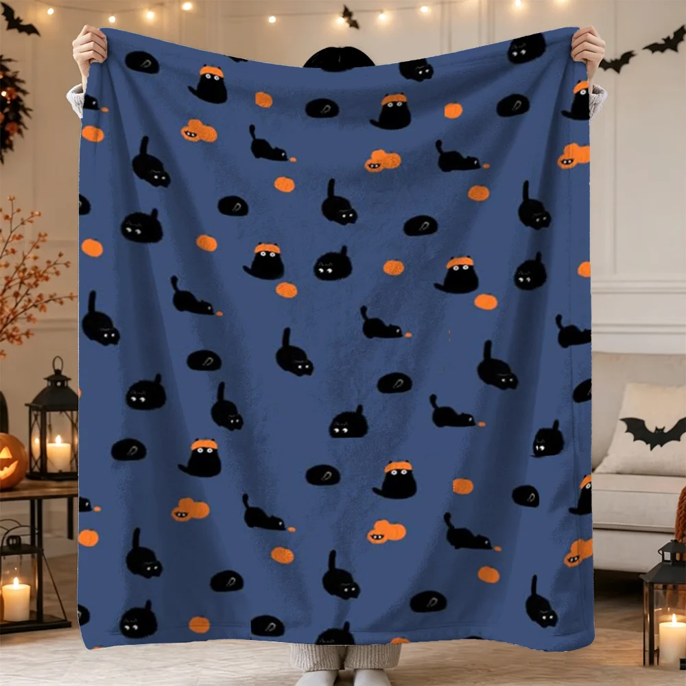 Halloween Black Cat Print Flannel Blanket Cute Orange Pumpkin Pattern Soft Fleece Throw for Sofa Bed Living Room Holiday Decor
