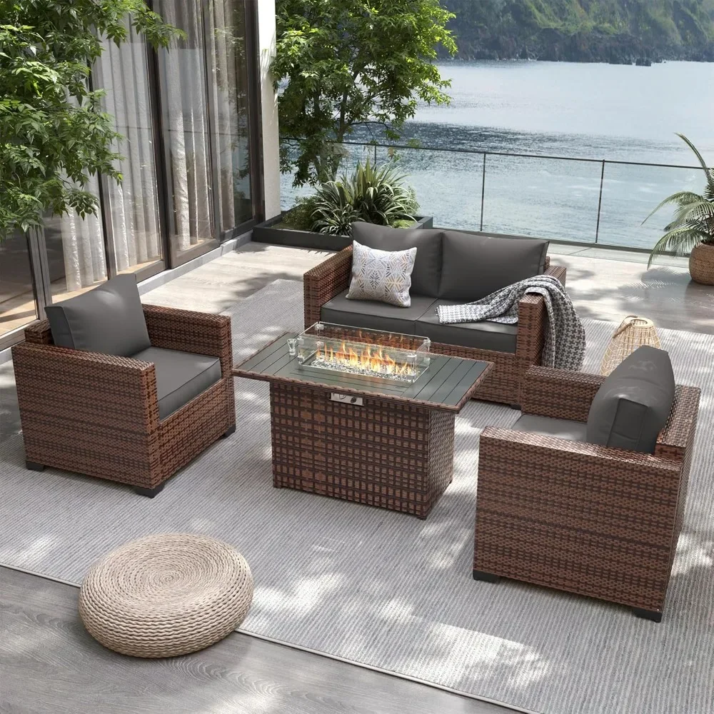 

Patio Furniture Set with 44" Fire Pit Table, 4 Pieces Outdoor Sets, Wicker Rattan Patio Conversation Sets with Outdoor Sofa Set