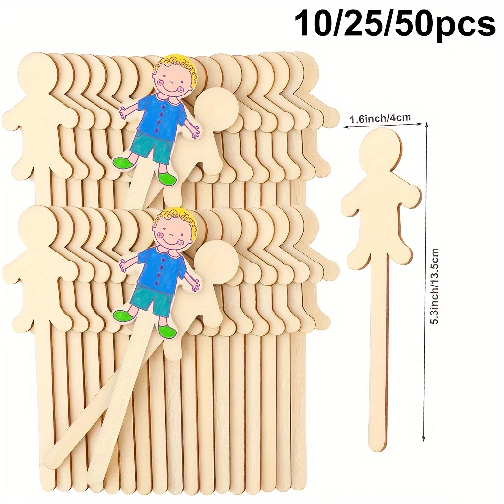 10/25/50 Character Craft Sticks 5.3 Inch Extra Large Character Shaped Craft Sticks Natural Wood Craft Sticks for DIY Projects