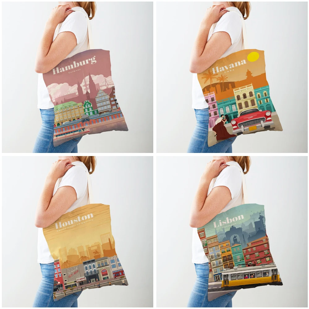 Fashion City Map London New York Paris Spain Shopper Bags Tote Lady Handbag Double Print Casual Canvas Women Shopping Bag