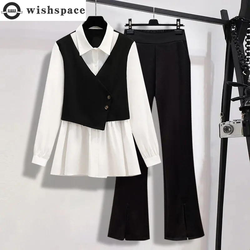 

2023 Spring and Autumn New Splice Slim Shirt Fashionable Casual High Waist Slim Pants Elegant Women's Two-Piece Set